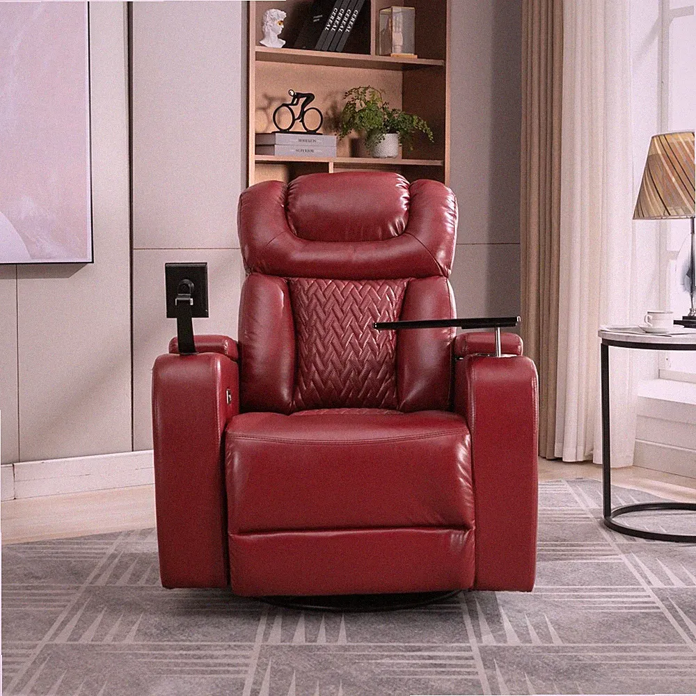 270° Swivel PU Leather Power Recliner w/Tray,USB,Cup Holders,Phone Holder Chairs