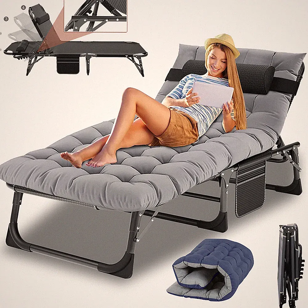 Begonia.K Adults Reclining Folding Chaise Adjustable 4-Gears Sleeping Cots Bed