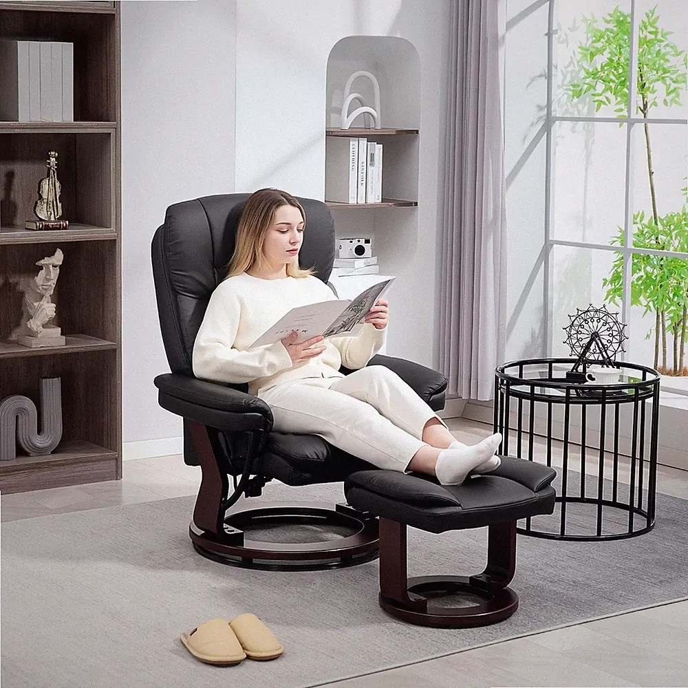 PU Leather Recliner with Ottoman, Swivel Reclining Chair, Black
